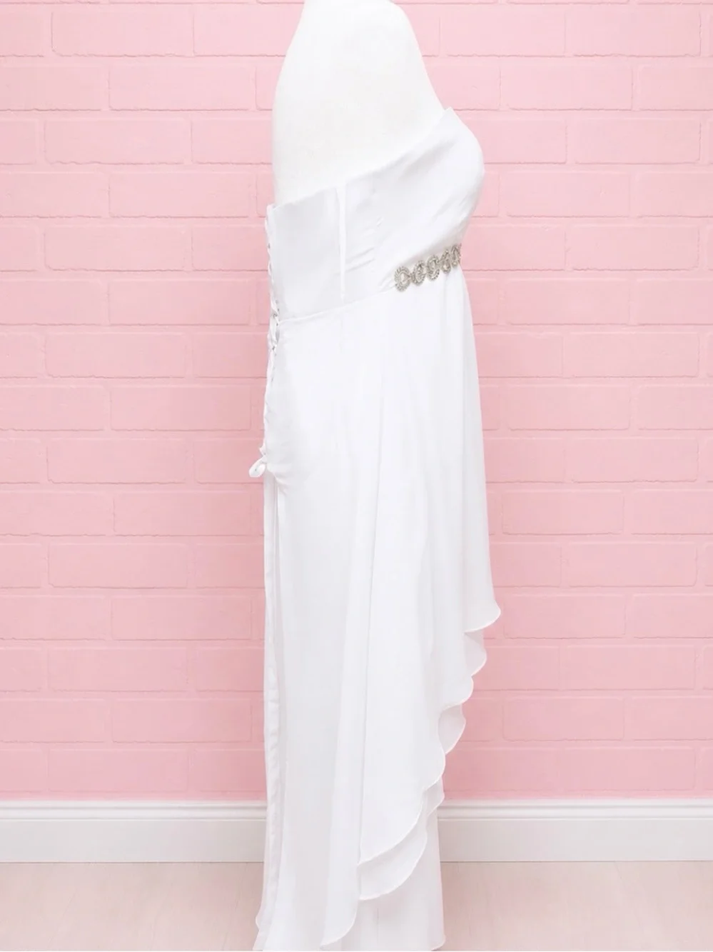 Eumi Strapless White High-Low Bridal Dress with Beaded Waist